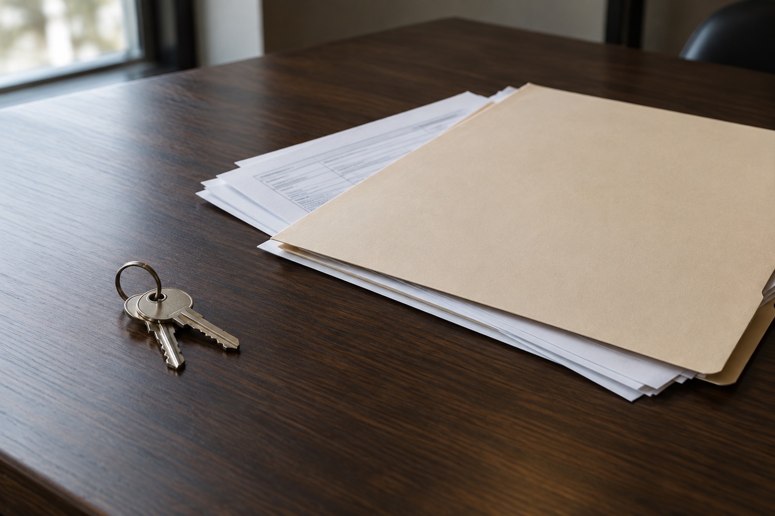 House keys beside a legal folder and property papers